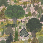 Mind The Gap Jardin Sauvage WP20443 Vast forests of trees and hills in shades of green, brown, and grey...