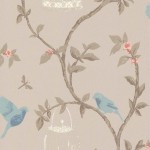 Nina Campbell Birdcage Walk NCW3770-01 Deep cream pearlesque background with powder blue birds and soft pi...