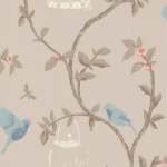 Nina Campbell Birdcage Walk NCW3770-01 Deep cream pearlesque background with powder blue birds and soft pi...