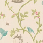 Nina Campbell Birdcage Walk NCW3770-02 Ivory background, with pale teal birds and blushing pink blooms.
