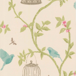 Nina Campbell Birdcage Walk NCW3770-02 Ivory background, with pale teal birds and blushing pink blooms.