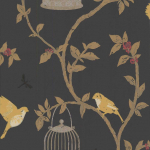 Nina Campbell Birdcage Walk NCW3770-05 Matt black background, with caramel birds, metallic gold branches a...