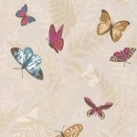 Nina Campbell Farfalla NCW4010-01 Ivory shimmer with cerise, gold and turquoise butterflies.