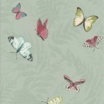 Nina Campbell Farfalla NCW4010-02 Sage with bright butterflies of cerise, cream and blue/green.