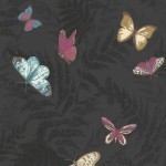 Nina Campbell Farfalla NCW4010-04 Black with contrasting cerise, gold and turquoise butterflies.