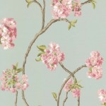 Nina Campbell Orchard Blossom NCW4027-02 Indulgent pink petals on a misty green backdrop.