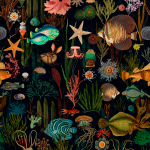 Mind The Gap Oceania WP20304 Ocean creatures mixed with orange, pink, blue, and green colours se...