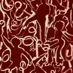 Mind The Gap ON THE STAGE WP30093 Cream figures set against a rich, deep rhubarb red background.
