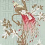 Nina Campbell Paradiso NCW4030-02 Plumage of terracotta, cream, and brown, on a pale aqua background.