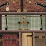 Mind The Gap THE LUGGAGE CAR WP20782 Showcases a deep forest green background complemented by shades of ...