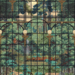Mind The Gap THE STATION VIEW WP20783 This colourway features a rich palette of deep greens, vivid reds, ...