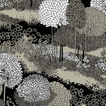 Today Interiors VISTAS TR70500 Dark charcoal trees and flowers stand out sharply against a soft gr...