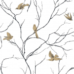 Today Interiors DREAMY BIRDS TR71100 A clean, bright white background with soft taupe-grey birds perched...