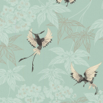 Osborne & Little Grove Garden W5603-03 Black and white birds, a fresh aqua background, and silver accents.