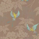 Osborne & Little Grove Garden W5603-05 Birds in turquoise, aqua, magenta and lime, against a pale brown ba...