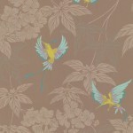 Osborne & Little Grove Garden W5603-05 Birds in turquoise, aqua, magenta and lime, against a pale brown ba...