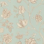 Osborne & Little Monchique W5640-03 Cream flowers and vines edged with taupe set on an aqua background.
