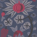 Osborne & Little Maharani W6022-02 Fruits are in rich mahogany tones nestled on indigo blue leaves set...