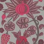 Osborne & Little Maharani W6022-03 Fruits are in rich red and pink tones nestled on espresso toned lea...