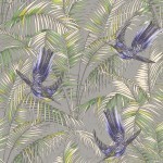 Matthew Williamson Sunbird W6543-01 Lilac and lime birds, green and cream foliage, on a silvery ground.