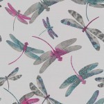 Matthew Williamson Dragonfly Dance W6650-05 Pink, turquoise, and silver dragonflies on a soft grey ground.