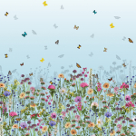 Matthew Williamson Deya Meadow W7265-01 Black, yellow and blue butterflies amongst a picturesque meadow, se...