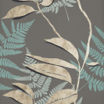 Osborne & Little Feuille d’Or W7331-06 Gold metallic leaves, silhouette leaves in moss and teal on a choco...
