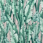 Osborne & Little Tiger Leaf W7333-01 Coloured leaves in mint and teals on dusky pink background 