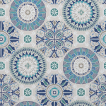 Osborne & Little Rosetta W7337-03 Coloured roundels in tones of blue and aqua on a light grey background