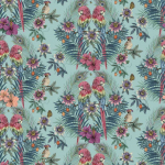 Matthew Williamson Ventura W7494-01 Aqua - Bright birds perched on dark green leaves set against a aqua...