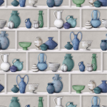 Osborne & Little Raku W7560-01 Indigo, ivory and jade coloured pots printed against a grey backgro...