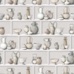 Osborne & Little Raku W7560-02 Ivory and stone coloured pots printed against a grey background.