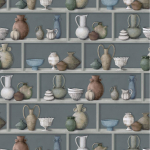 Osborne & Little Raku W7560-03 Ivory, green and clay coloured pots printed against a pale blue gre...