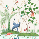 Osborne & Little Mirage W7610-01 Ivory - A paradise garden scene featuring exotic birds and elegant ...
