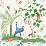 Osborne & Little Mirage W7610-01 Ivory - A paradise garden scene featuring exotic birds and elegant ...