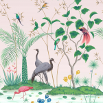 Osborne & Little Mirage W7610-03 Blush - A paradise garden scene featuring exotic birds and elegant ...