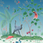 Osborne & Little Mirage W7610-04 Azure Blue - A paradise garden scene featuring exotic birds and ele...