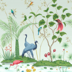 Osborne & Little Mirage W7610-05 Eau de Nil - A paradise garden scene featuring exotic birds and ele...