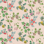 Osborne & Little Orchard W7686-04 Blush - Leafy greens, blue, red and purple, against a soft pink bac...