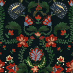 Mind The Gap ZABOLA WP20558 Deep blue and red flowers with green leaves on a dark green backgro...