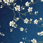 Today Interiors MOONLACE MAGNOLIA Vinyl CH30102 Midnight blue metallic background with off-white, taupe, green, bro...