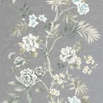 Today Interiors CHAEHWA BRANCH Vinyl CH30408 Silver metallic background, with off-white, grey, taupe and blue fo...