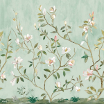 Today Interiors KAIYU DOGWOOD MURAL CH32004M Pale aqua,  white, taupe, tan, brown, pink, green and brown