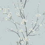 Today Interiors CHERRY BRANCHES TR70902 Soft dusty blue background with airy blossoms creates calm, fresh, ...