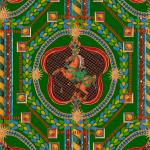 Mind The Gap VENETIAN ORNAMENT WP20768 Showcases a deep forest green background with highlights of bold re...