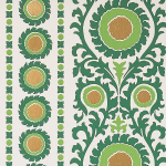 Osborne & Little SAMRINA W7904-04 Vibrant medallion patterns in fir and metallic gold on a crisp whit...
