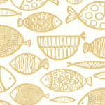Today Interiors SEABORNE WH41405 Muted mustard fish motifs on a crisp white background, adding warmth.