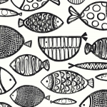 Today Interiors SEABORNE WH41420 Matte black fish shapes on matte white background, creating bold gr...