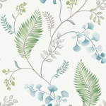 Today Interiors THE KEYS WTK20300-WTK20312 WTK20304 A clean white base featuring leaves in green and blue hues.